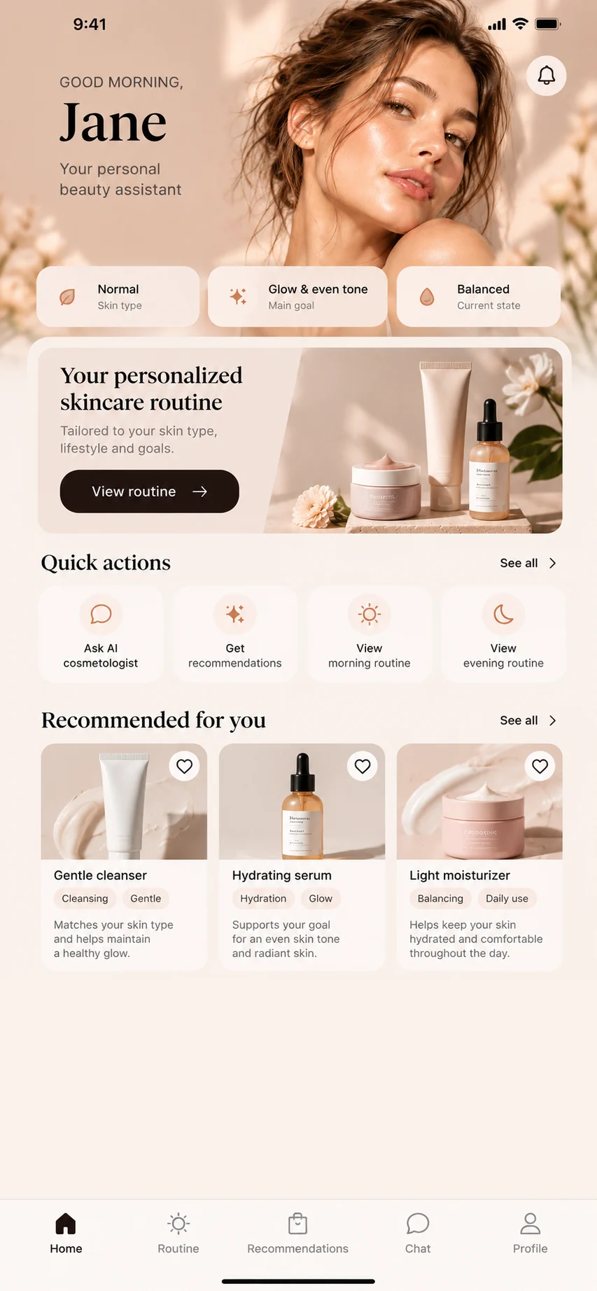 Nalumi home screen: your personalized skincare routine