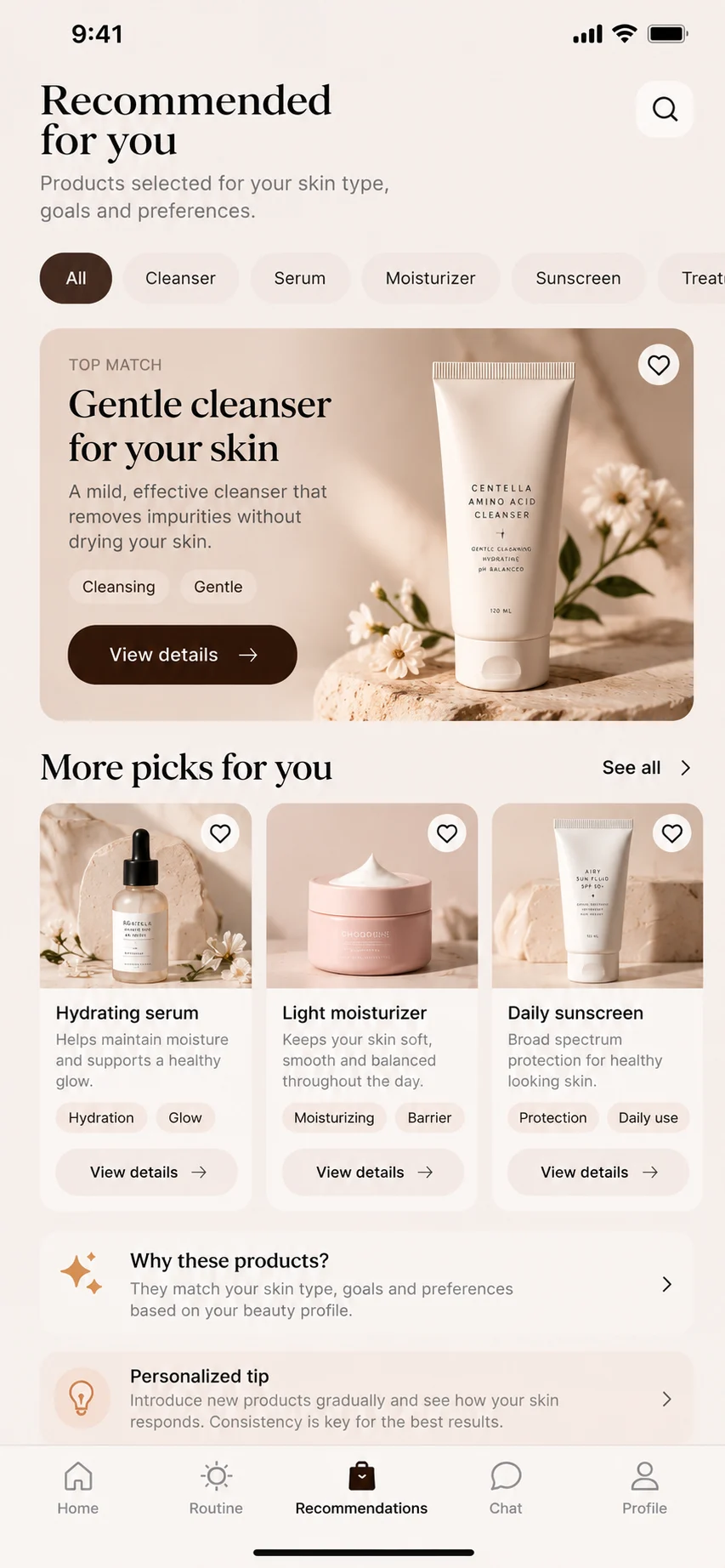 Recommended products screen